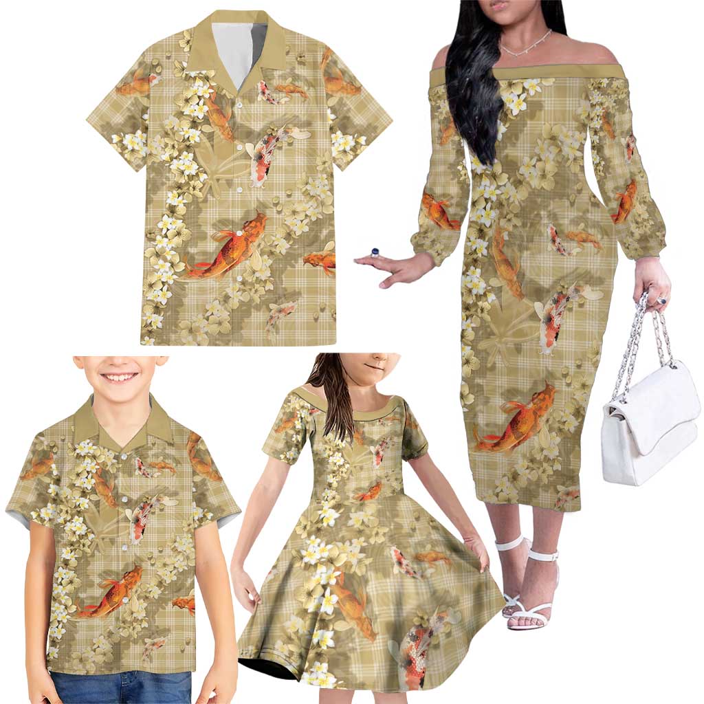Beige Palaka Hawaiian And Japanese Family Matching Off The Shoulder Long Sleeve Dress and Hawaiian Shirt Sakura Lei With Koi Fish - Polynesian Pride