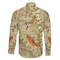 Beige Palaka Hawaiian And Japanese Family Matching Off Shoulder Maxi Dress and Hawaiian Shirt Sakura Lei With Koi Fish - Polynesian Pride