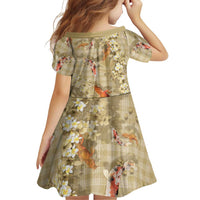 Beige Palaka Hawaiian And Japanese Family Matching Off Shoulder Short Dress and Hawaiian Shirt Sakura Lei With Koi Fish - Polynesian Pride
