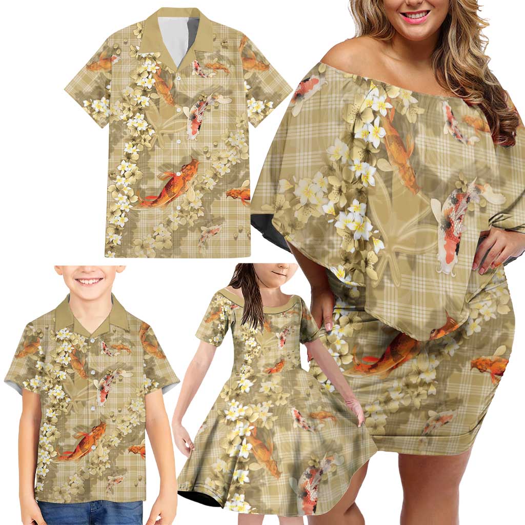 Beige Palaka Hawaiian And Japanese Family Matching Off Shoulder Short Dress and Hawaiian Shirt Sakura Lei With Koi Fish - Polynesian Pride