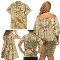 Beige Palaka Hawaiian And Japanese Family Matching Off Shoulder Short Dress and Hawaiian Shirt Sakura Lei With Koi Fish - Polynesian Pride