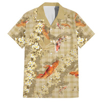 Beige Palaka Hawaiian And Japanese Family Matching Off Shoulder Short Dress and Hawaiian Shirt Sakura Lei With Koi Fish - Polynesian Pride