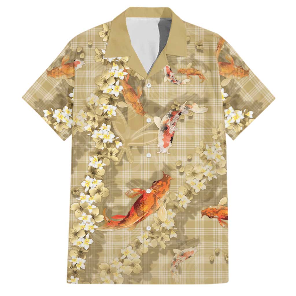 Beige Palaka Hawaiian And Japanese Family Matching Puletasi and Hawaiian Shirt Sakura Lei With Koi Fish - Polynesian Pride