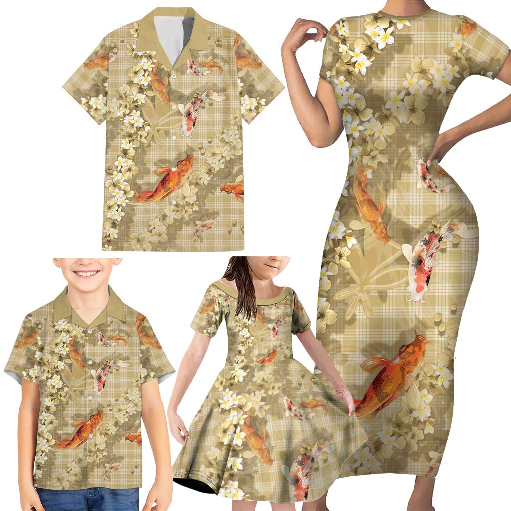 Beige Palaka Hawaiian And Japanese Family Matching Short Sleeve Bodycon Dress and Hawaiian Shirt Sakura Lei With Koi Fish - Polynesian Pride