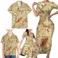Beige Palaka Hawaiian And Japanese Family Matching Short Sleeve Bodycon Dress and Hawaiian Shirt Sakura Lei With Koi Fish - Polynesian Pride