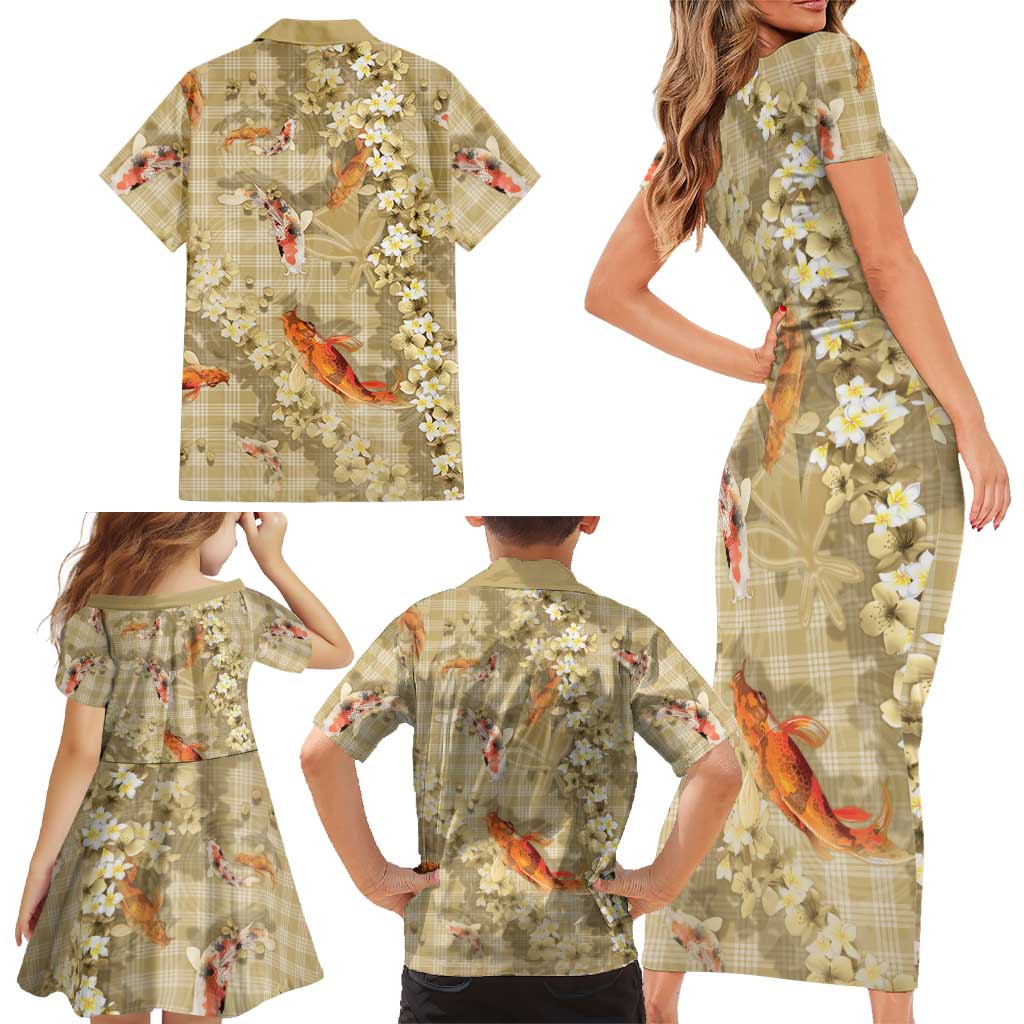 Beige Palaka Hawaiian And Japanese Family Matching Short Sleeve Bodycon Dress and Hawaiian Shirt Sakura Lei With Koi Fish - Polynesian Pride