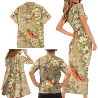Beige Palaka Hawaiian And Japanese Family Matching Short Sleeve Bodycon Dress and Hawaiian Shirt Sakura Lei With Koi Fish - Polynesian Pride