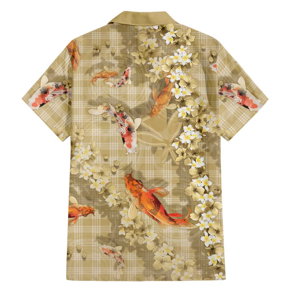 Beige Palaka Hawaiian And Japanese Family Matching Short Sleeve Bodycon Dress and Hawaiian Shirt Sakura Lei With Koi Fish - Polynesian Pride