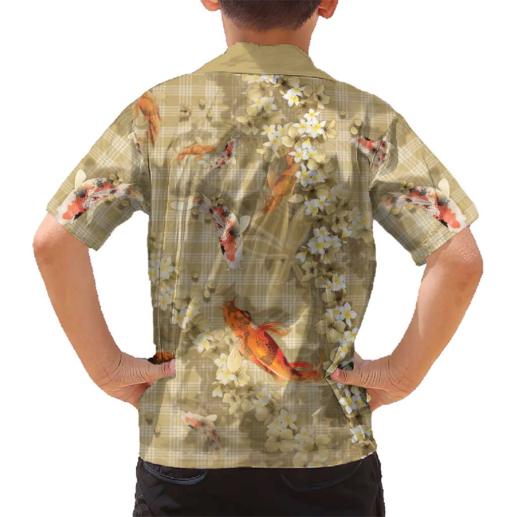 Beige Palaka Hawaiian And Japanese Family Matching Summer Maxi Dress and Hawaiian Shirt Sakura Lei With Koi Fish - Polynesian Pride
