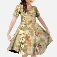 Beige Palaka Hawaiian And Japanese Family Matching Summer Maxi Dress and Hawaiian Shirt Sakura Lei With Koi Fish - Polynesian Pride
