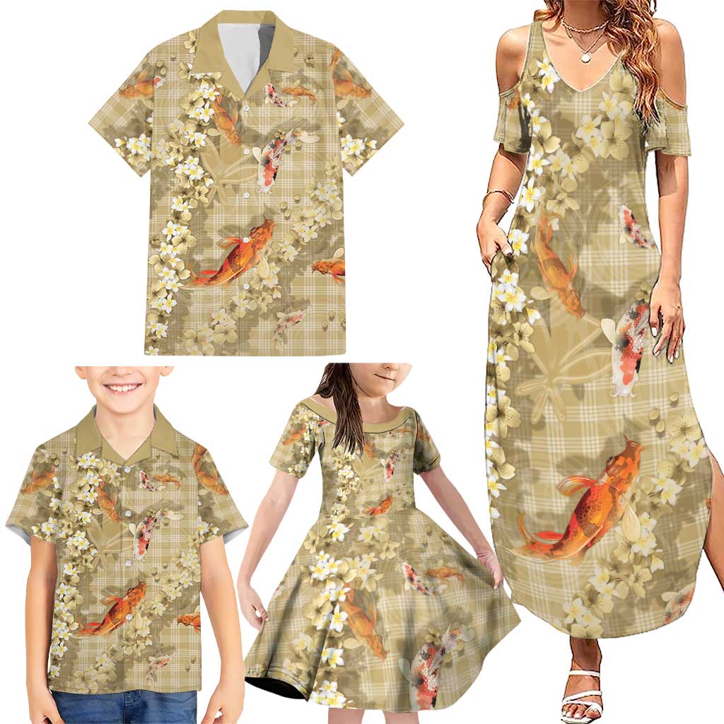 Beige Palaka Hawaiian And Japanese Family Matching Summer Maxi Dress and Hawaiian Shirt Sakura Lei With Koi Fish - Polynesian Pride