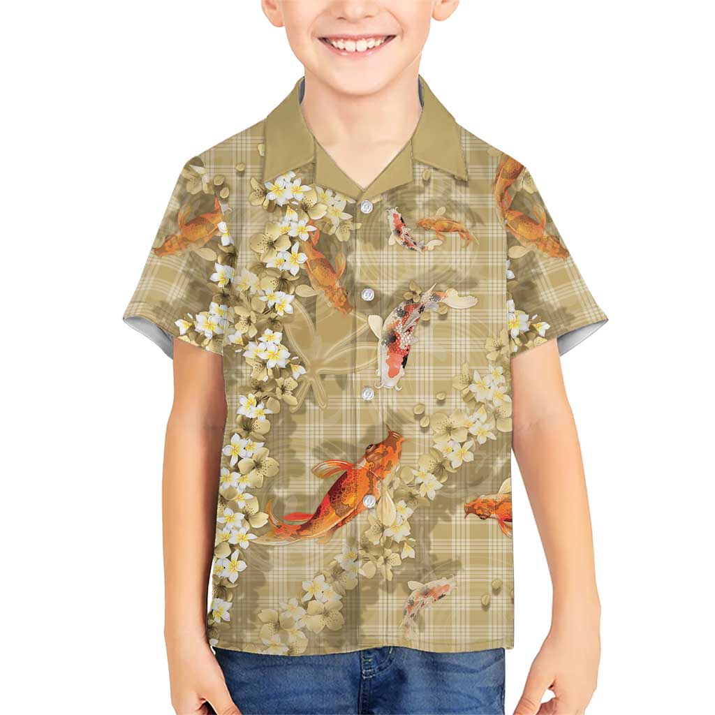 Beige Palaka Hawaiian And Japanese Family Matching Summer Maxi Dress and Hawaiian Shirt Sakura Lei With Koi Fish - Polynesian Pride