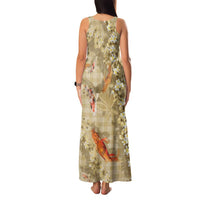 Beige Palaka Hawaiian And Japanese Family Matching Tank Maxi Dress and Hawaiian Shirt Sakura Lei With Koi Fish - Polynesian Pride