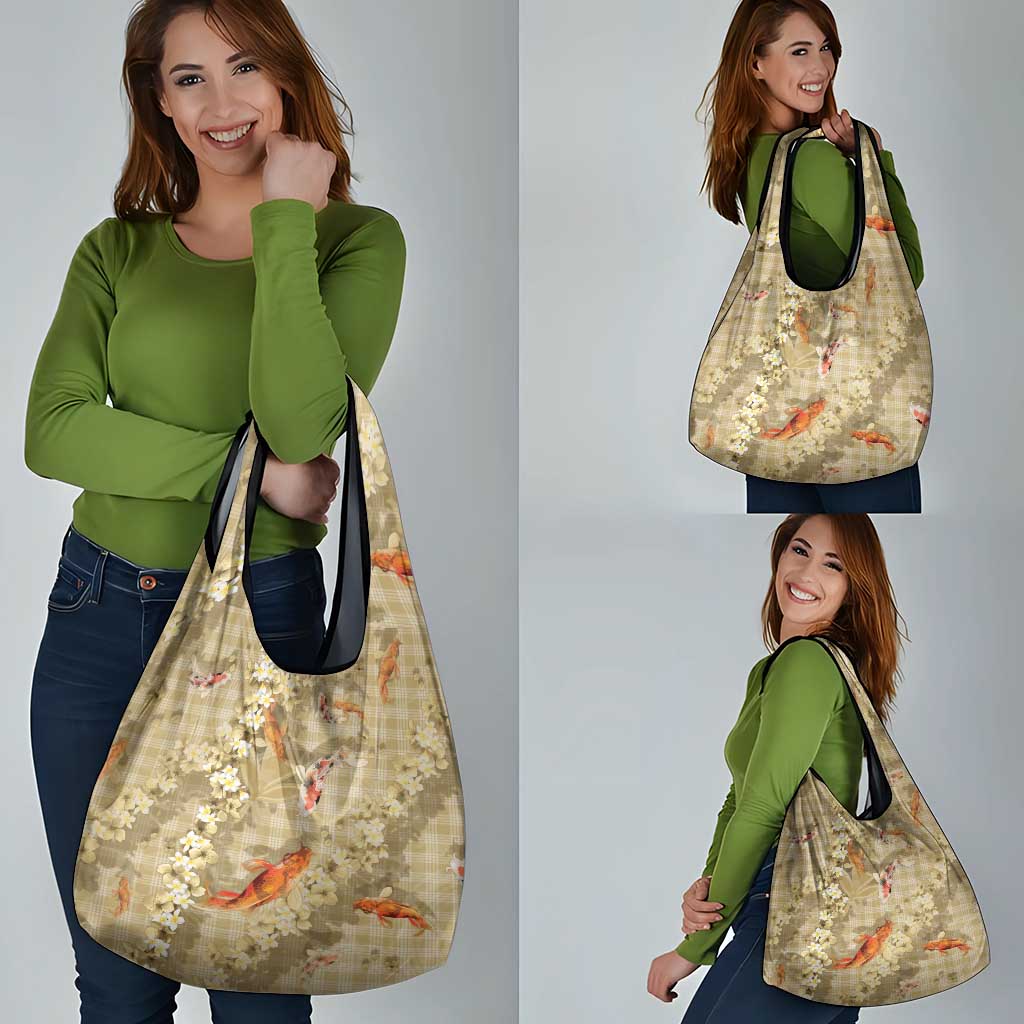 Beige Palaka Hawaiian And Japanese Grocery Bag Sakura Lei With Koi Fish - Polynesian Pride