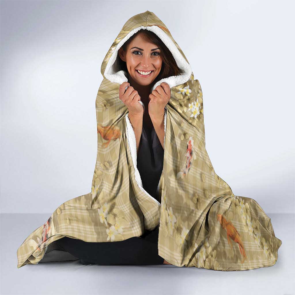 Beige Palaka Hawaiian And Japanese Hooded Blanket Sakura Lei With Koi Fish - Polynesian Pride