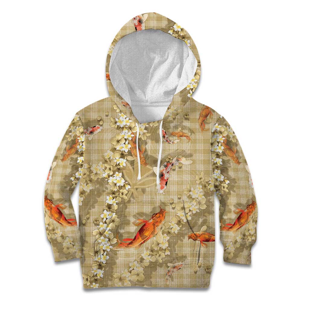 Beige Palaka Hawaiian And Japanese Kid Hoodie Sakura Lei With Koi Fish - Polynesian Pride