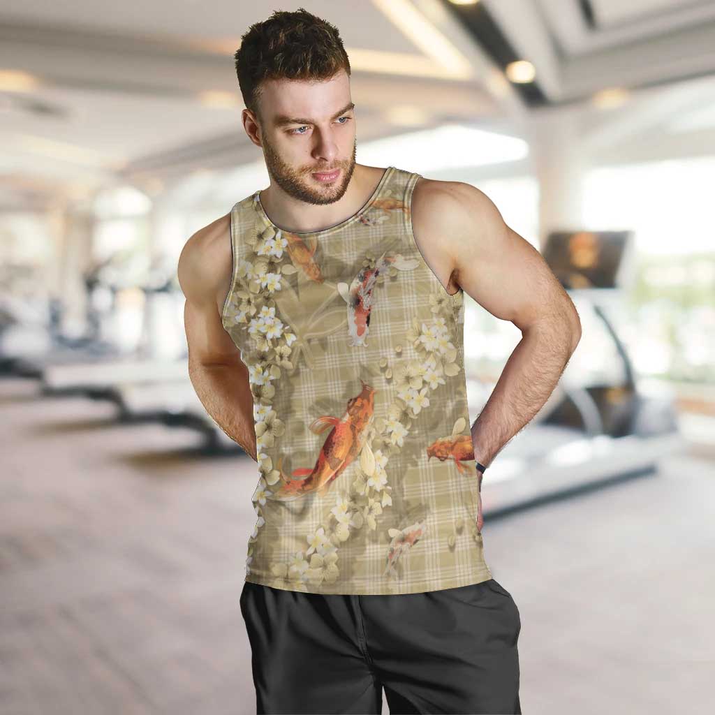Beige Palaka Hawaiian And Japanese Men Tank Top Sakura Lei With Koi Fish - Polynesian Pride