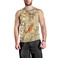 Beige Palaka Hawaiian And Japanese Men Tank Top Sakura Lei With Koi Fish - Polynesian Pride