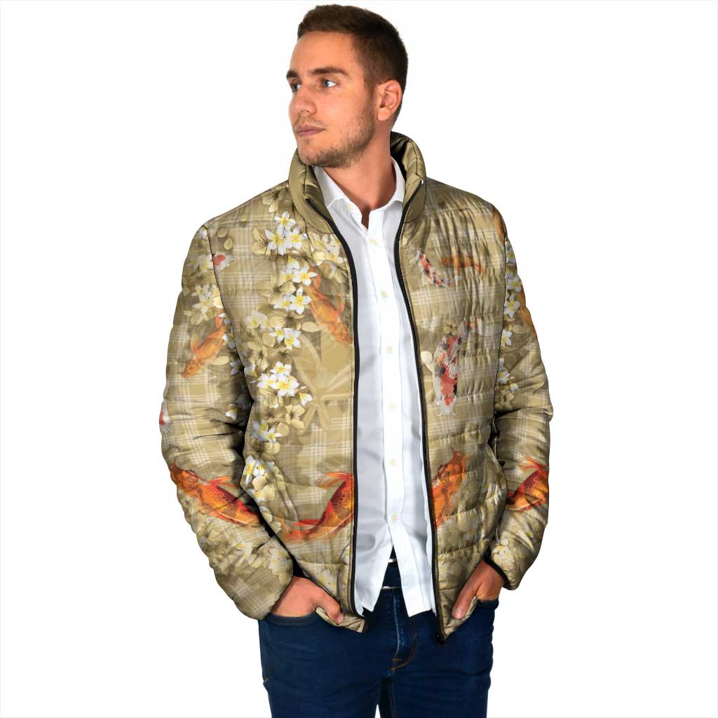 Beige Palaka Hawaiian And Japanese Padded Jacket Sakura Lei With Koi Fish - Polynesian Pride