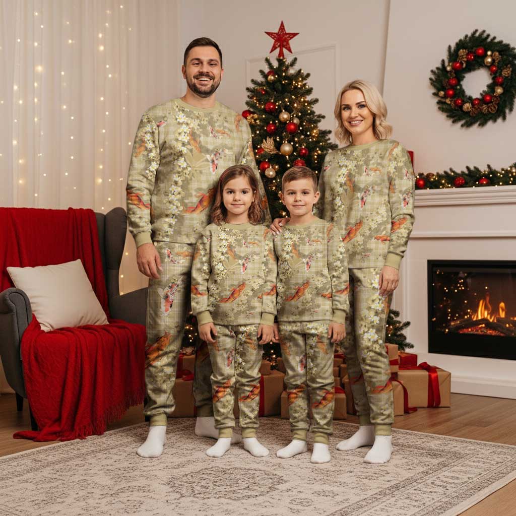 Beige Palaka Hawaiian And Japanese Christmas Pajama Set Sakura Lei With Koi Fish - Polynesian Pride