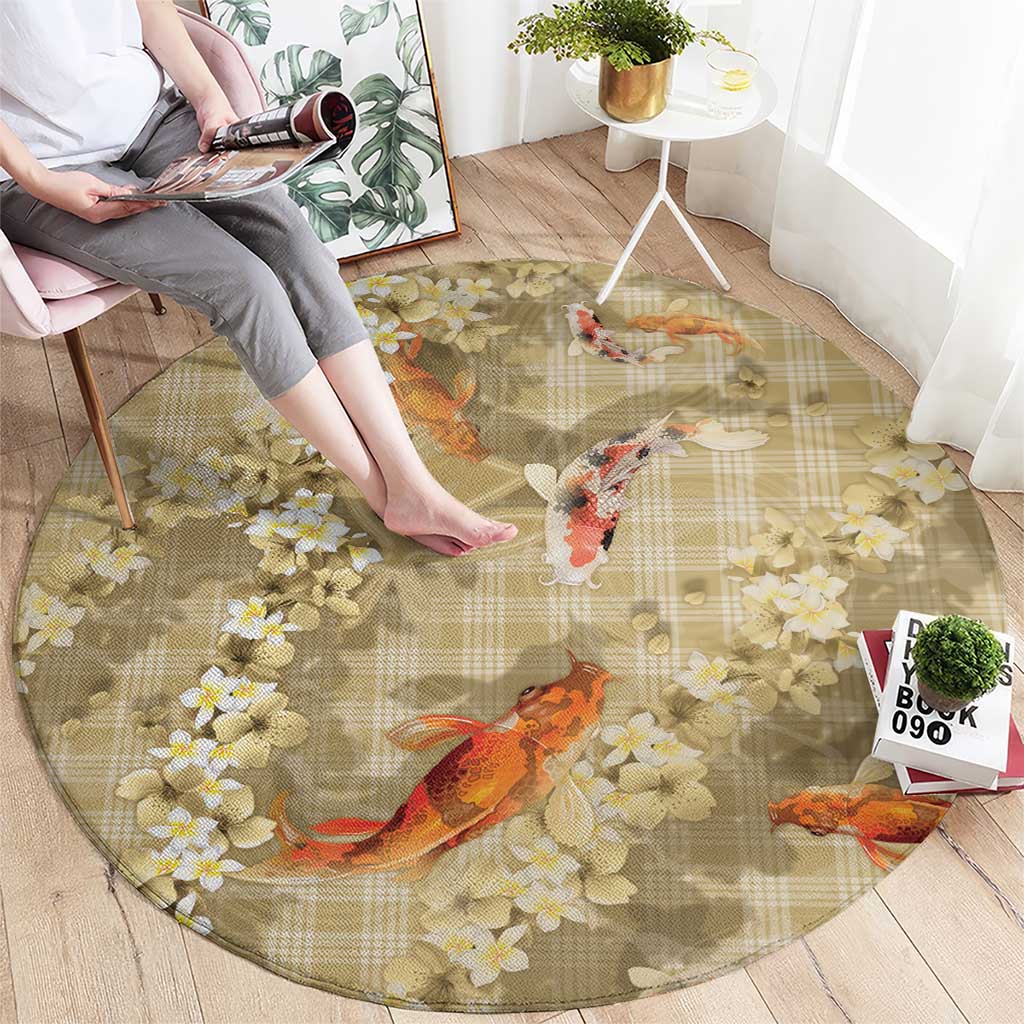 Beige Palaka Hawaiian And Japanese Round Carpet Sakura Lei With Koi Fish DT05 - Polynesian Pride