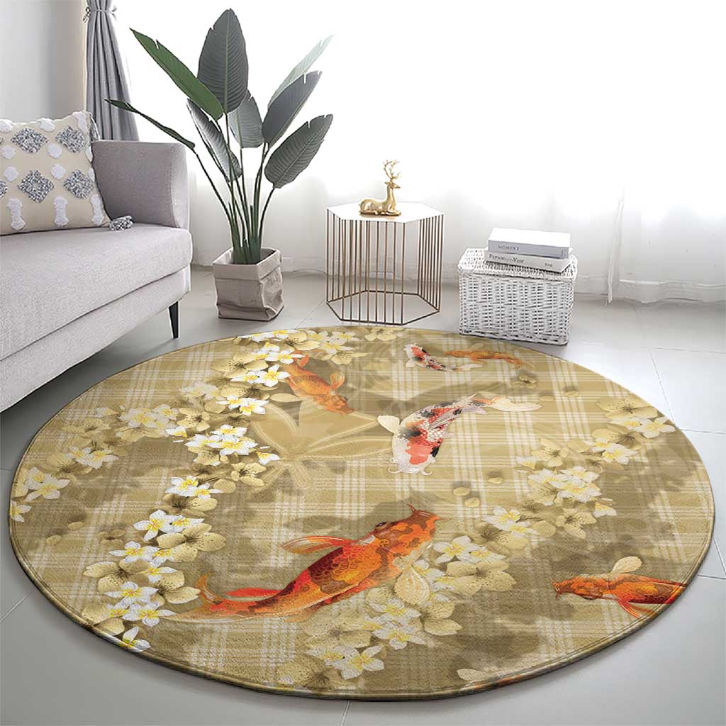 Beige Palaka Hawaiian And Japanese Round Carpet Sakura Lei With Koi Fish DT05 - Polynesian Pride