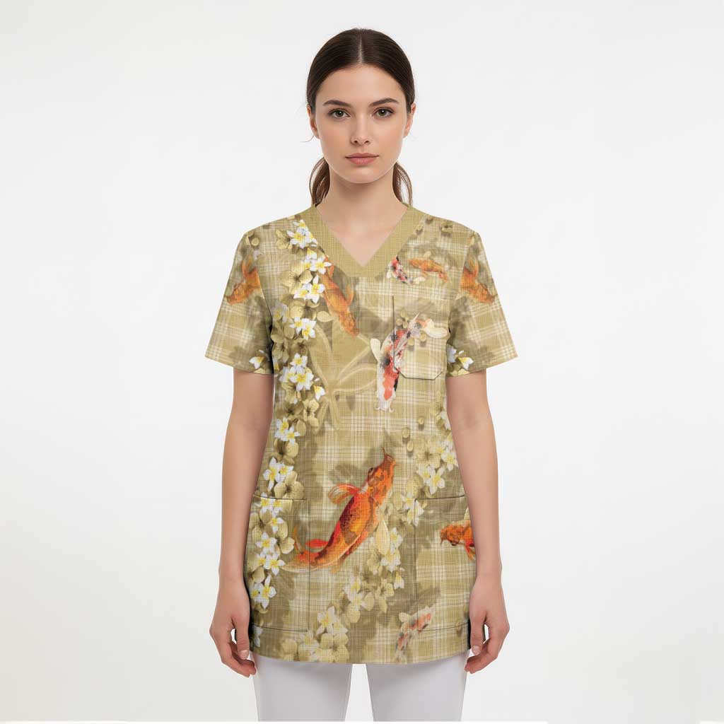 Beige Palaka Hawaiian And Japanese Scrub Top Sakura Lei With Koi Fish - Polynesian Pride