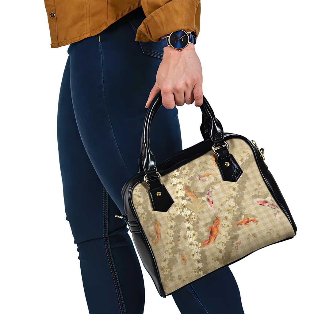 Beige Palaka Hawaiian And Japanese Shoulder Handbag Sakura Lei With Koi Fish DT05 - Polynesian Pride