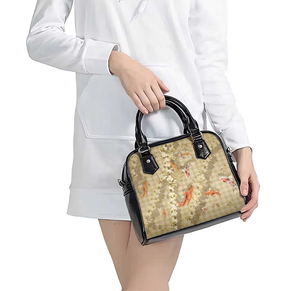 Beige Palaka Hawaiian And Japanese Shoulder Handbag Sakura Lei With Koi Fish DT05 - Polynesian Pride