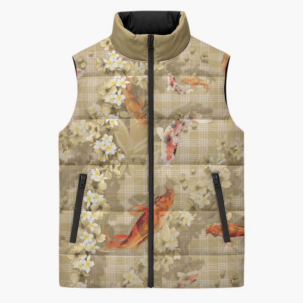 Beige Palaka Hawaiian And Japanese Sleeveless Puffer Jacket Sakura Lei With Koi Fish - Polynesian Pride