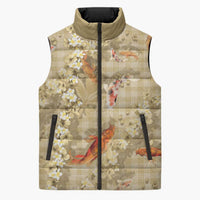 Beige Palaka Hawaiian And Japanese Sleeveless Puffer Jacket Sakura Lei With Koi Fish - Polynesian Pride