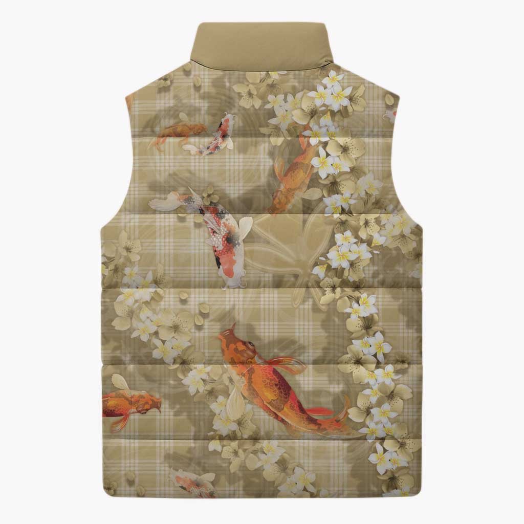 Beige Palaka Hawaiian And Japanese Sleeveless Puffer Jacket Sakura Lei With Koi Fish - Polynesian Pride