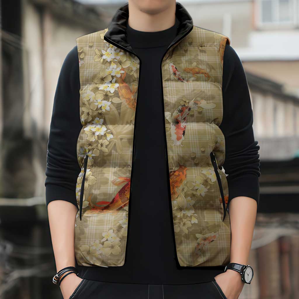 Beige Palaka Hawaiian And Japanese Sleeveless Puffer Jacket Sakura Lei With Koi Fish - Polynesian Pride