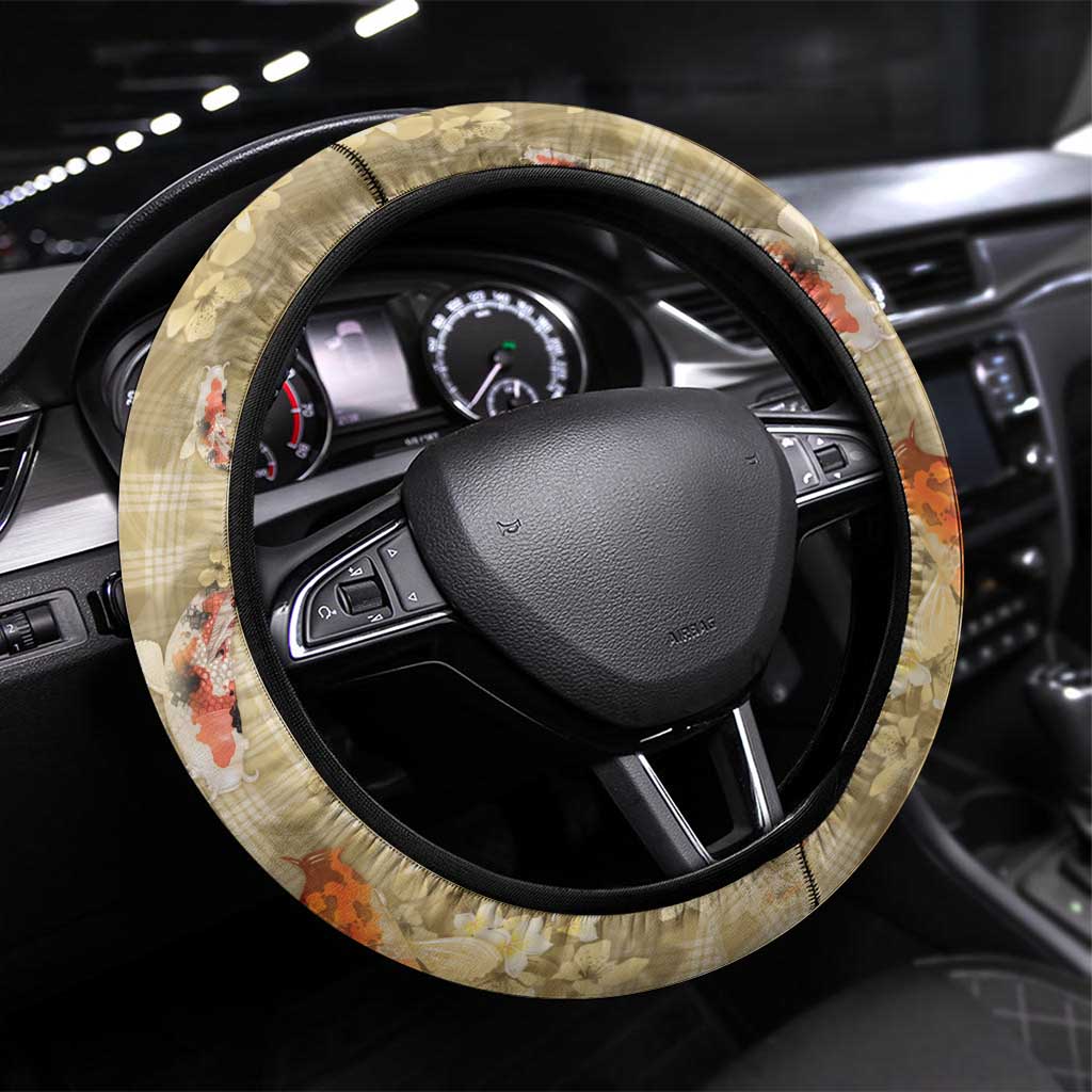 Beige Palaka Hawaiian And Japanese Steering Wheel Cover Sakura Lei With Koi Fish - Polynesian Pride