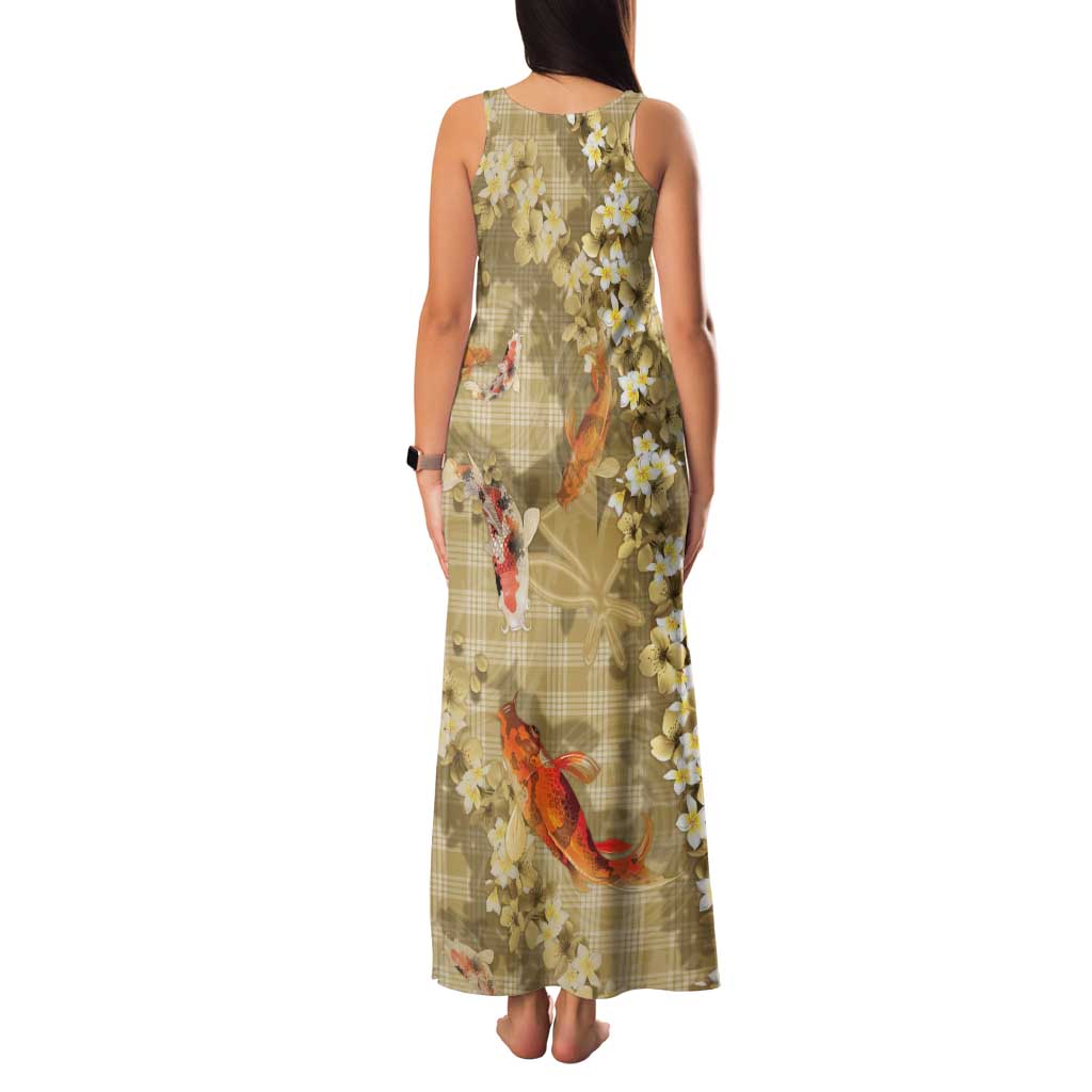 Beige Palaka Hawaiian And Japanese Tank Maxi Dress Sakura Lei With Koi Fish - Polynesian Pride