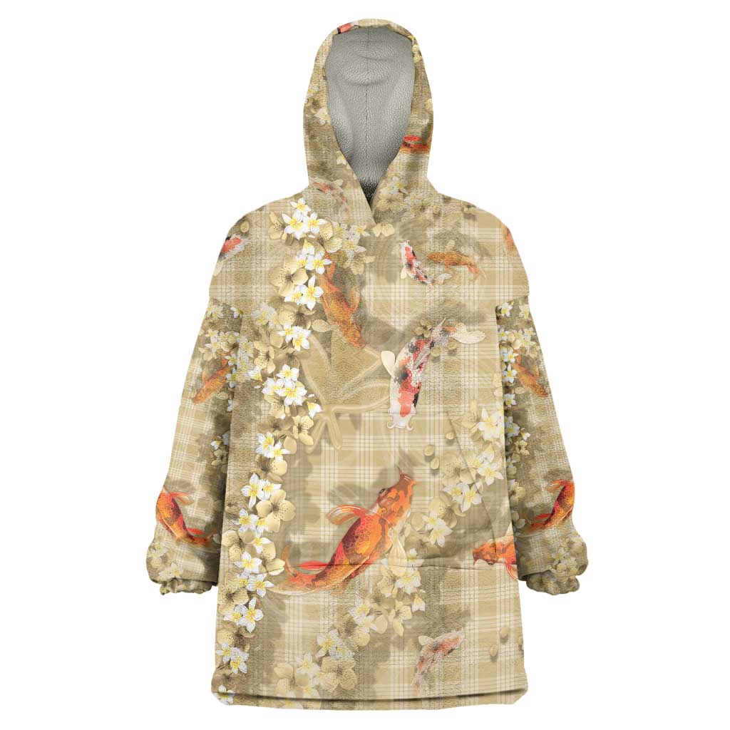 Beige Palaka Hawaiian And Japanese Wearable Blanket Hoodie Sakura Lei With Koi Fish DT05 One Size Beige - Polynesian Pride