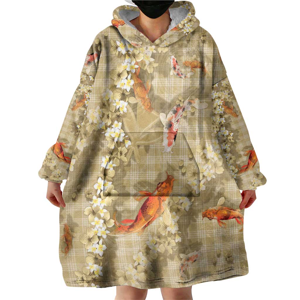Beige Palaka Hawaiian And Japanese Wearable Blanket Hoodie Sakura Lei With Koi Fish DT05 - Polynesian Pride