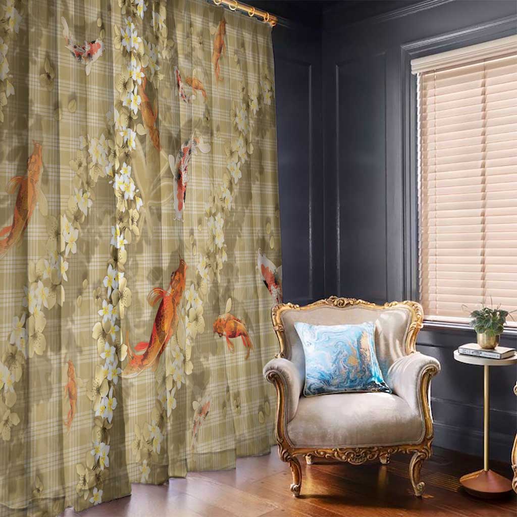 Beige Palaka Hawaiian And Japanese Window Curtain Sakura Lei With Koi Fish - Polynesian Pride