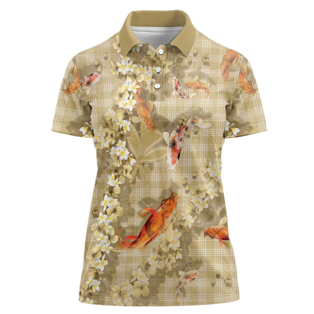 Beige Palaka Hawaiian And Japanese Women Polo Shirt Sakura Lei With Koi Fish - Polynesian Pride
