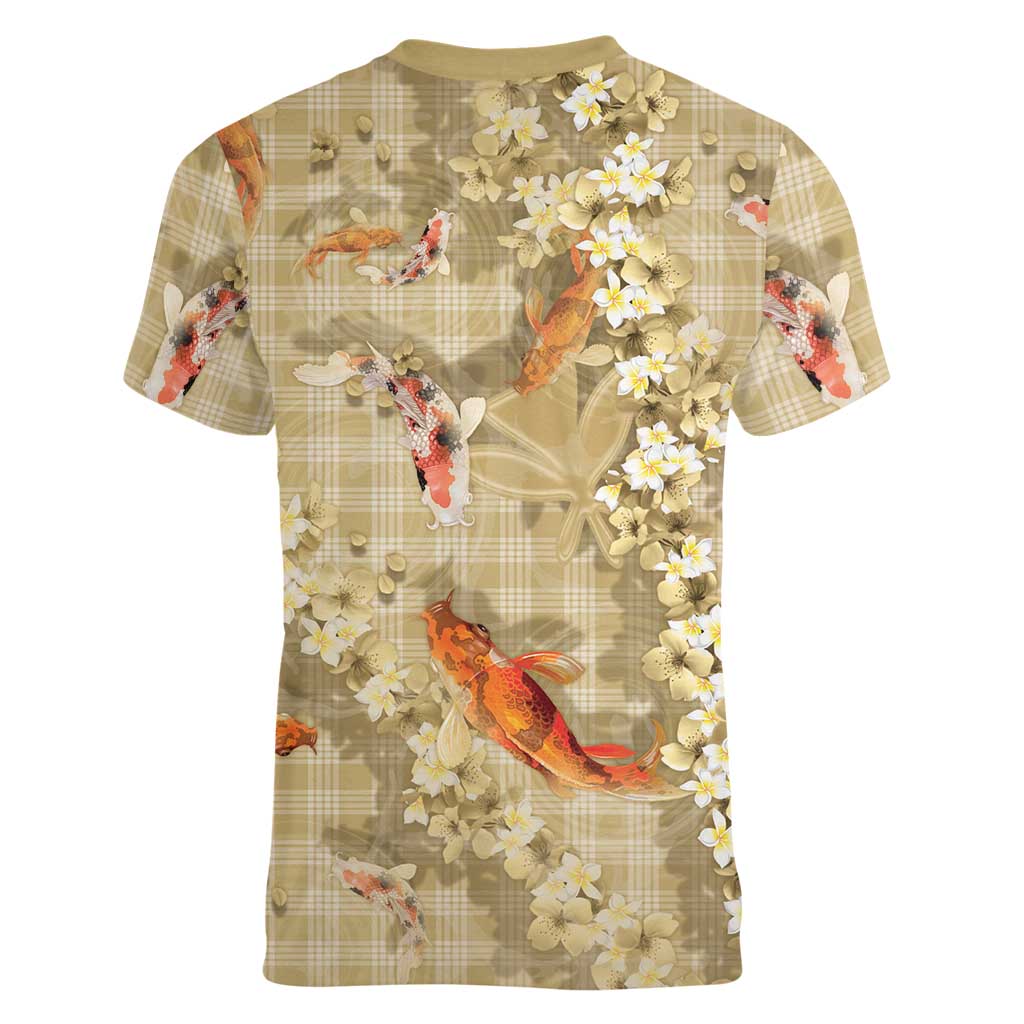 Beige Palaka Hawaiian And Japanese Women V-Neck T-Shirt Sakura Lei With Koi Fish - Polynesian Pride