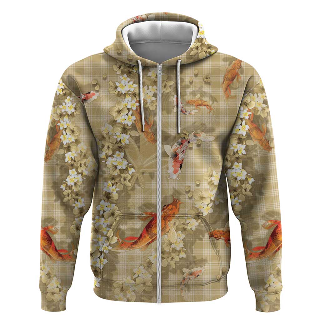 Beige Palaka Hawaiian And Japanese Zip Hoodie Sakura Lei With Koi Fish - Polynesian Pride