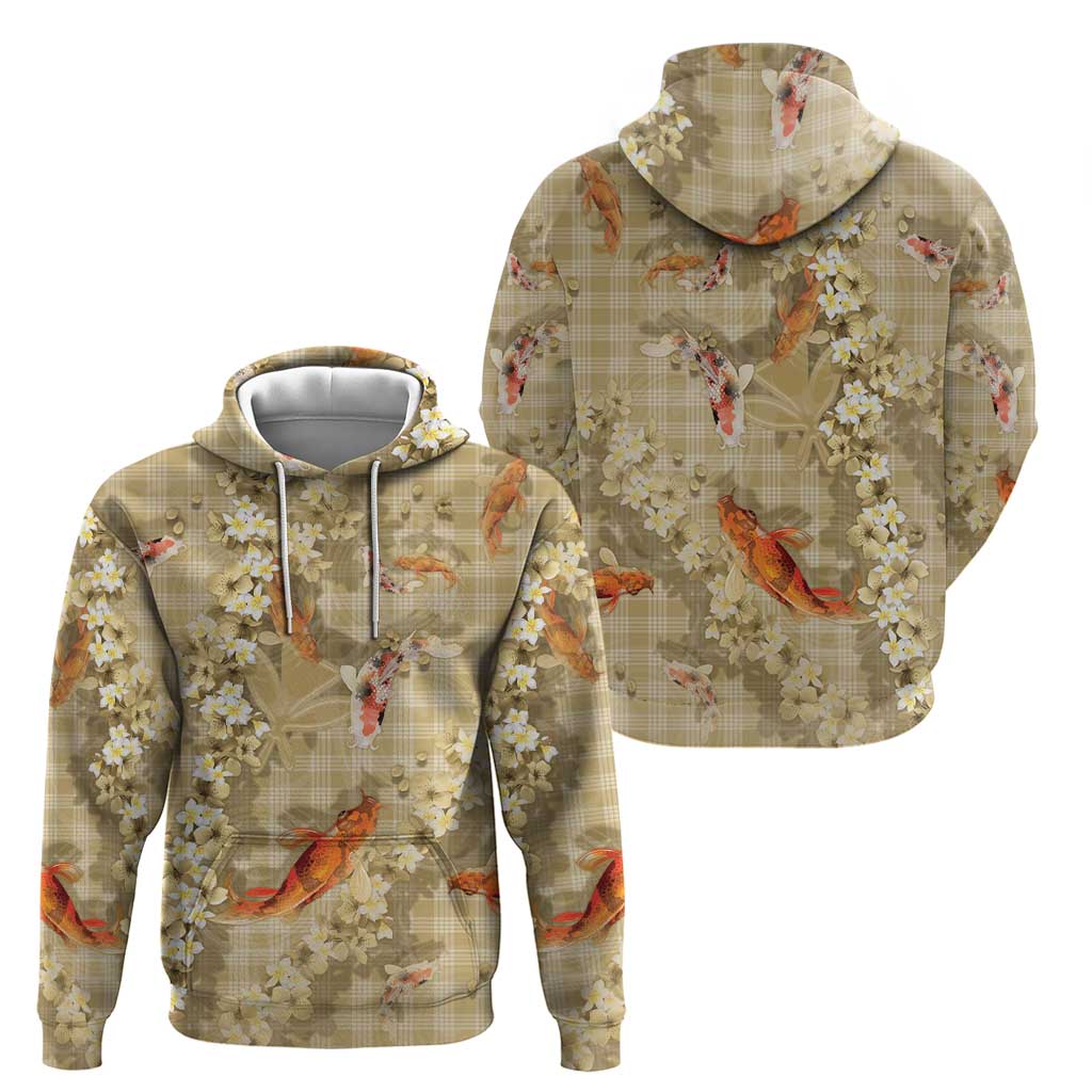 Beige Palaka Hawaiian And Japanese Zip Hoodie Sakura Lei With Koi Fish - Polynesian Pride