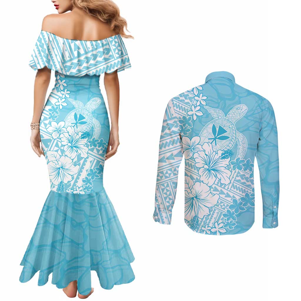 Hawaii Kanaka Maoli Couples Matching Mermaid Dress and Long Sleeve Button Shirt Polynesian Turtle Tattoo