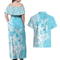 Hawaii Kanaka Maoli Couples Matching Off Shoulder Maxi Dress and Hawaiian Shirt Polynesian Turtle Tattoo