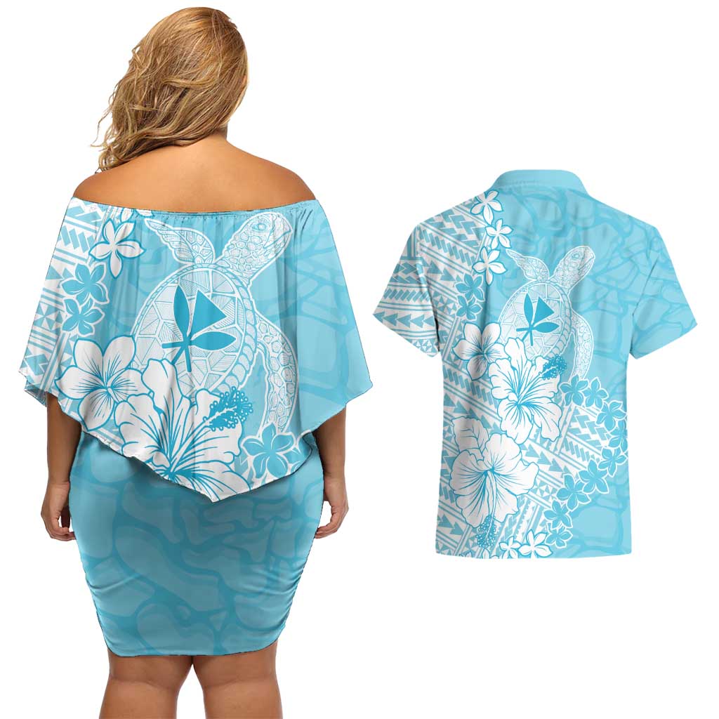 Hawaii Kanaka Maoli Couples Matching Off Shoulder Short Dress and Hawaiian Shirt Polynesian Turtle Tattoo