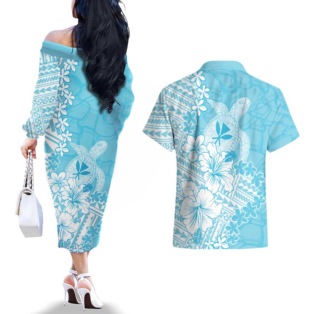 Hawaii Kanaka Maoli Couples Matching Off The Shoulder Long Sleeve Dress and Hawaiian Shirt Polynesian Turtle Tattoo