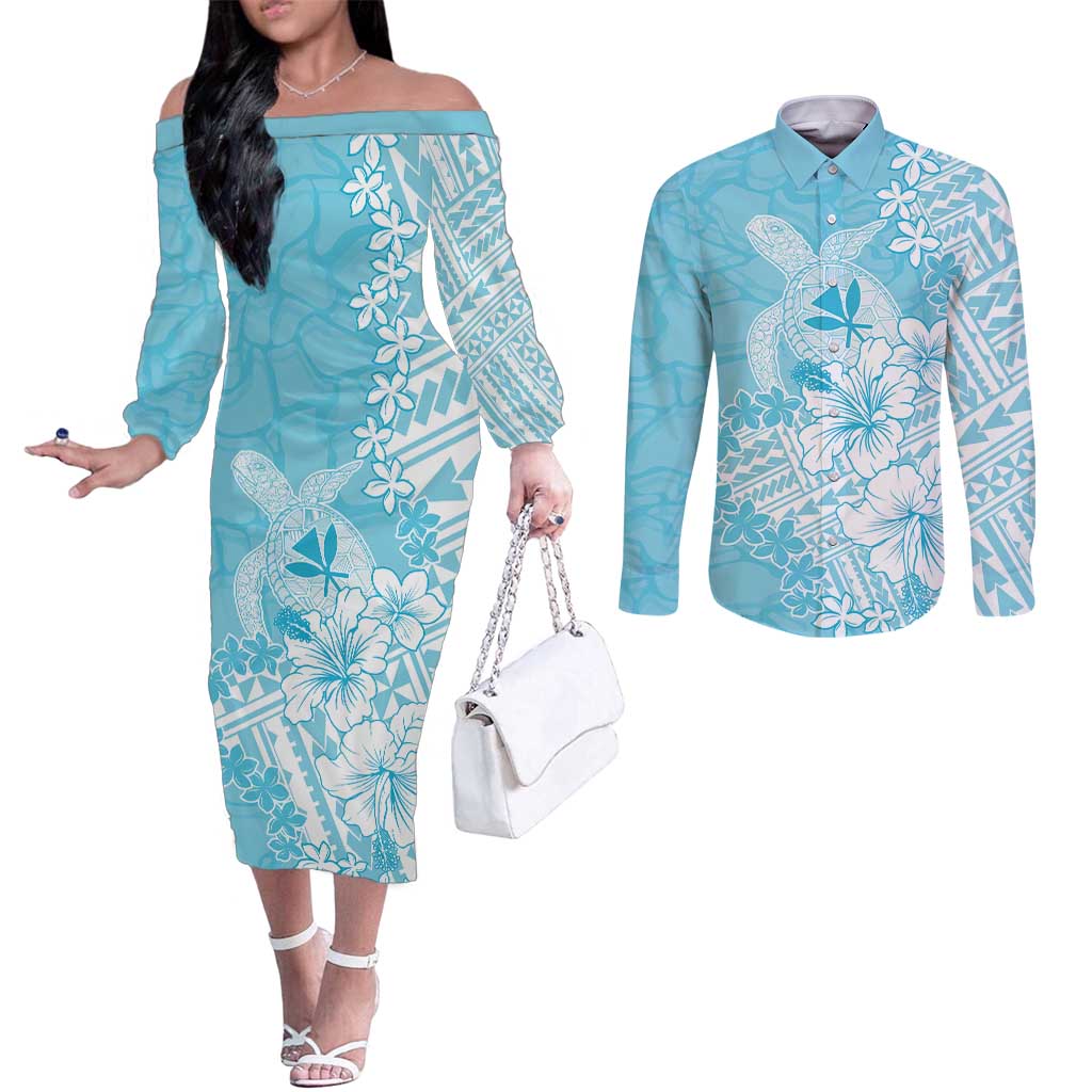 Hawaii Kanaka Maoli Couples Matching Off The Shoulder Long Sleeve Dress and Long Sleeve Button Shirt Polynesian Turtle Tattoo