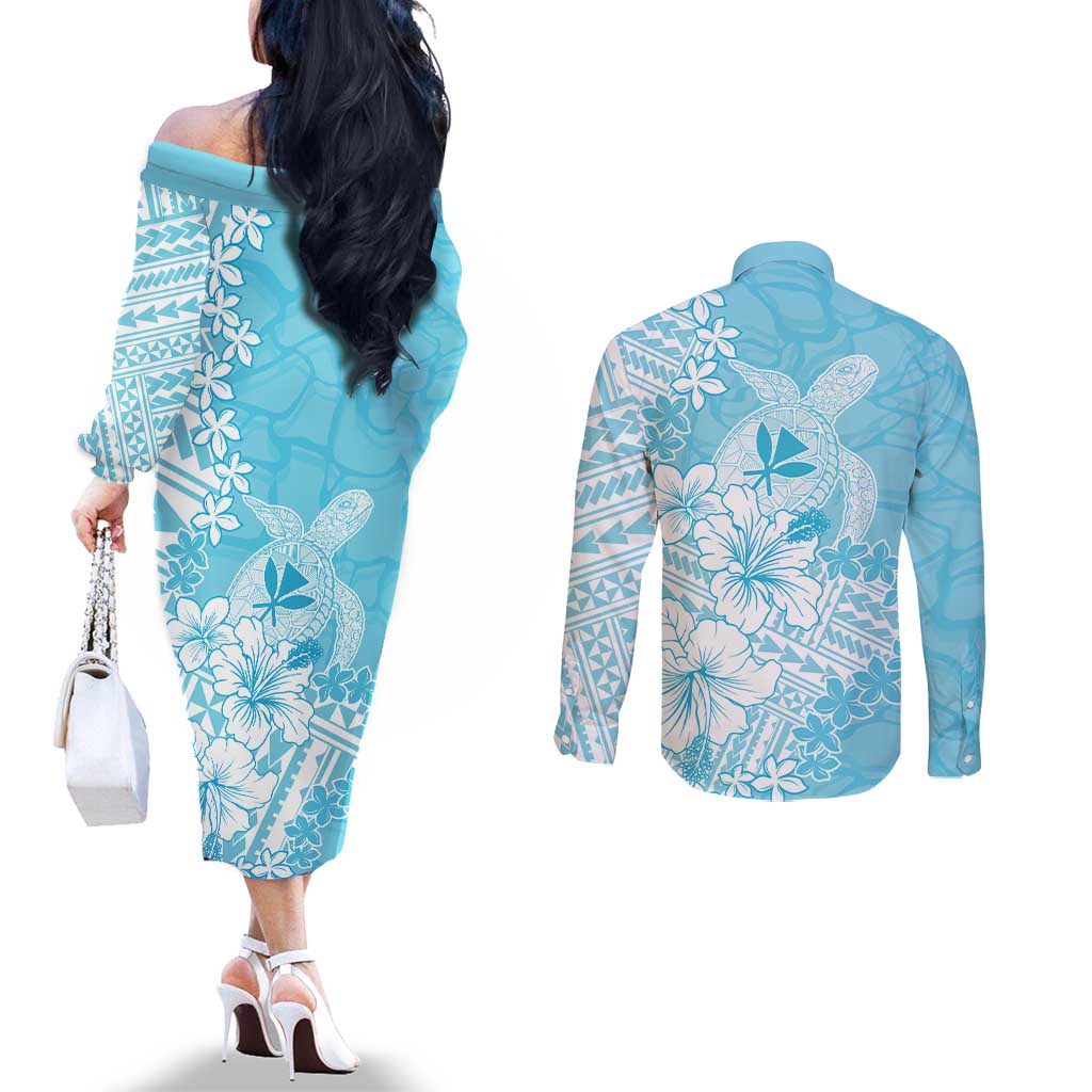 Hawaii Kanaka Maoli Couples Matching Off The Shoulder Long Sleeve Dress and Long Sleeve Button Shirt Polynesian Turtle Tattoo