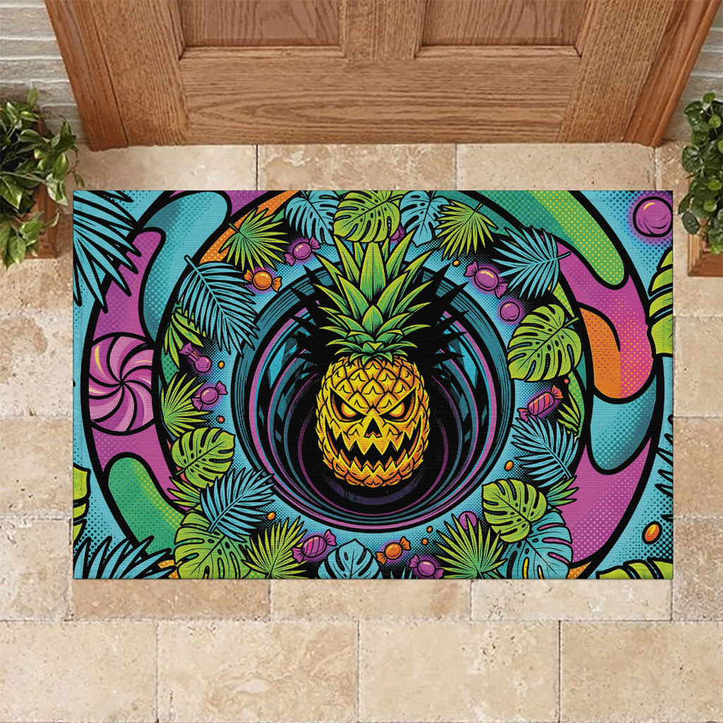 3D Illusion Pineapple Jack O Lantern Halloween Rubber Doormat Tropical Spooky Fruit Monstera Swirl DT05 Colorful - Polynesian Pride