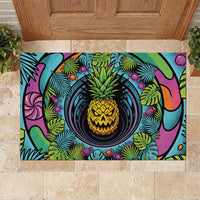 3D Illusion Pineapple Jack O Lantern Halloween Rubber Doormat Tropical Spooky Fruit Monstera Swirl DT05 Colorful - Polynesian Pride
